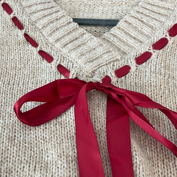 Beige Sweater with Red Satin Ribbon Accents - Picture 4 of 4